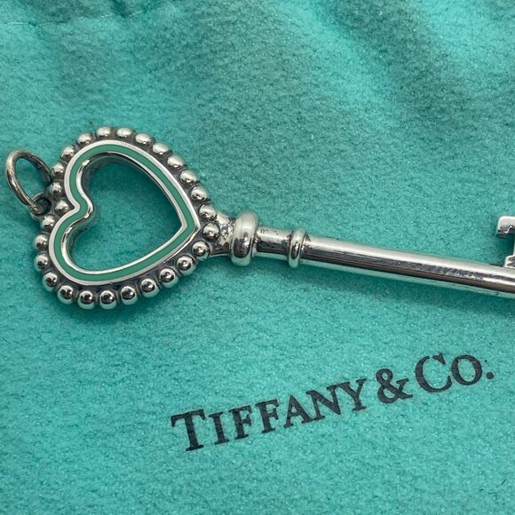 Tiffany & Co. AG 925 Sterling Silver Large Heart Key Beaded Pendant Blue Enamel - Picture 1 of 8